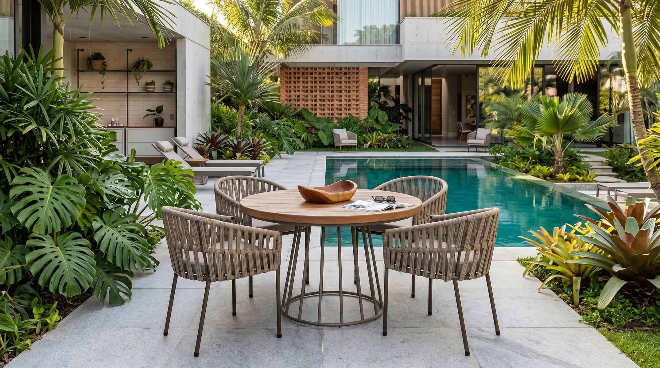 A sua área externa perde materiais de alta qualidade. Além de valorizarmos o design, as peças da Jacob's aliam a tecnologia e o handmade, deixando cada peça única. Na foto, o conjunto mesa e cadeiras Bellina contam com o tampo em madeira nobre, corda náutica com proteção UV e pintura por meio da estufa eletroestática. Personalize cores da estrutura, corda e tecido diretamente com a nossa equipe, através de um atendimento exclusivo e personalizado. Você sabia? A Jacob’s Design é a única fábrica de alto padrão especializada em móveis de corda náutica e alumínio do Espírito Santo.